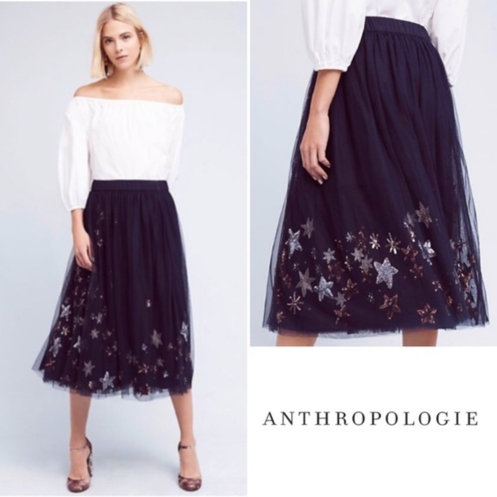 Anthropologie Tulle Navy Skirt with Sequin Details